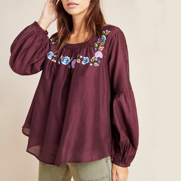 Anthropologie Helia Embroidered Swing Blouse